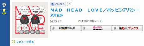 「MAD HEAD LOVE/ポッピンアパシー」（米津玄師）がデイリー最高位9位